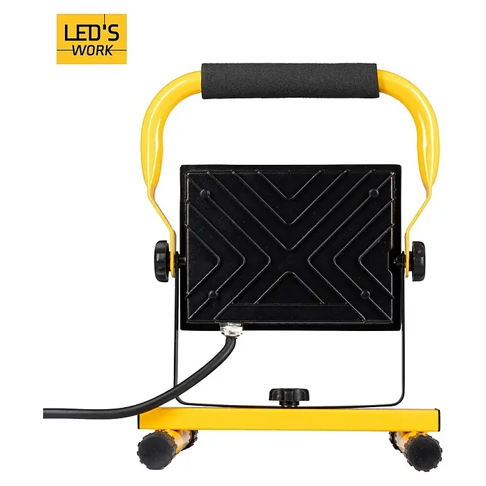 LED's work LED-Arbeitsleuchte - L x B x H: 18 x 21 x 28 cm, 4.200 lm, Lichtfarbe: Neutralweiß, Netzbetrieben, IP65 - Tragbarer LED-Arbeitsscheinwerfer mit gelbem Rahmen, schwarzem Leuchtengehäuse und Schaumstoffgriff.