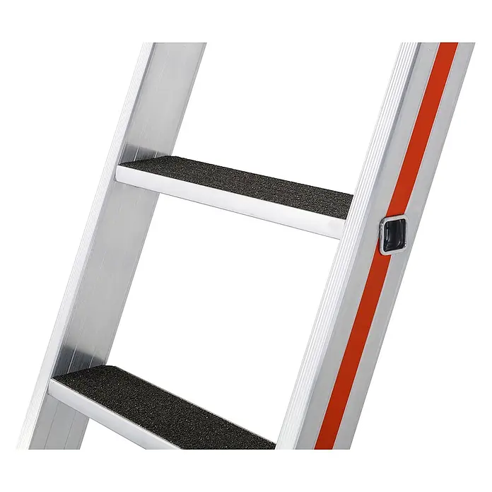 Hymer Anlegeleiter Stufenanlegeleiter R13-Beschichtung 14 Stufen - Anzahl Tritte: 14 Stk., Arbeitshöhe: 4.560 m, Aluminium - Silberne Aluminiumleiter mit schwarzen Anti-Rutsch-Stufen und einer Seitenschiene mit roten Streifen und schwarzem Verriegelungsmechanismus.