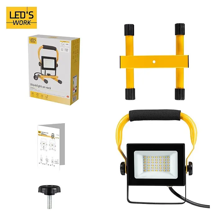 LED's work LED-Arbeitsleuchte - L x B x H: 18 x 18 x 24 cm, 2.700 lm, Lichtfarbe: Neutralweiß, Netzbetrieben, IP65 - Gelb-schwarzer LED-Arbeitsscheinwerfer mit verstellbarem Ständer, Komponenten und Verpackung.