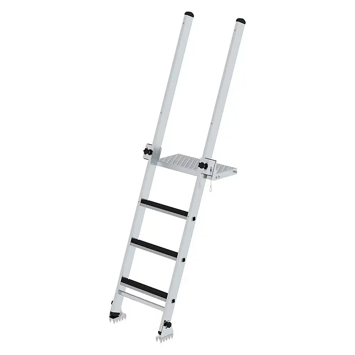 Munk Anlegeleiter Stufen-Baugrubenleiter 2,25m mit 4 Stufen ohne Handlauf - Anzahl Tritte: 4 Stk., Arbeitshöhe: 3.050 m, Aluminium - Silberne Aluminiumleiter mit vier rutschfesten Sprossen, Riffelblechplattform, verstellbaren Spikes und verlängerten Handläufen.