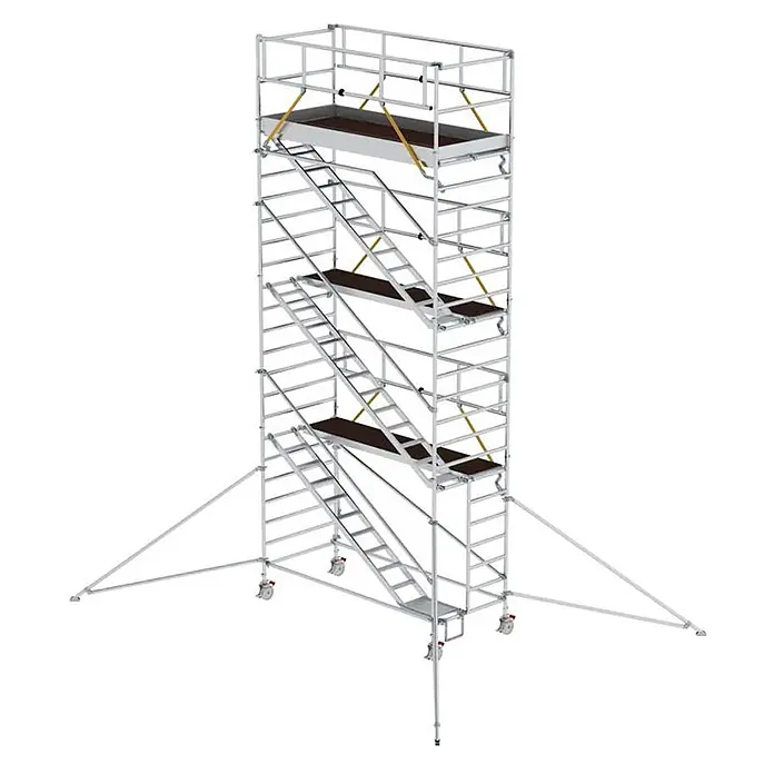 Munk Rollgerüst Rollgerüst SG mit Schrägaufstiegen 1,35x3,00m und Ausleger 8,43m AH - Arbeitshöhe: 8.430 m - Mehrstufiges mobiles Aluminium-Rollgerüst mit Treppen, Plattformen und stabilisierenden Auslegern.