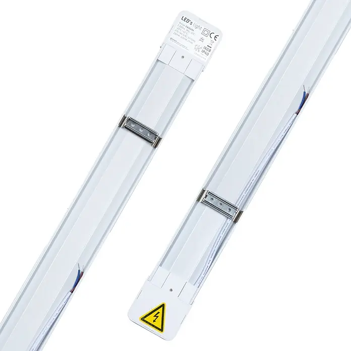 LED's work LED-Feuchtraumlichtleiste - Länge: 60 cm, Lichtfarbe: Neutralweiß, 18 W, IP40 - Weiße lineare LED-Leuchte mit Metall-Montageclips, zeigt Produktetikett und Verkabelung.