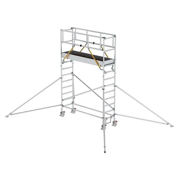 Munk Rollgerüst Rollgerüst SG mit Ausleger 0,75x2,45m Plattform 5,07m AH - Arbeitshöhe: 5.070 m - Silberfarbenes Rollgerüst mit Plattform, Sicherheitsgeländer und Auslegern.
