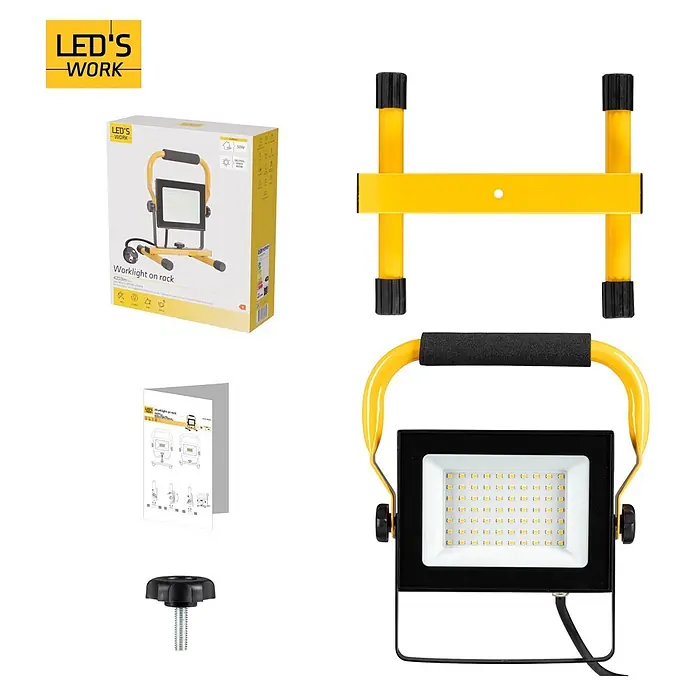 LED's work LED-Arbeitsleuchte - L x B x H: 18 x 21 x 28 cm, 4.200 lm, Lichtfarbe: Neutralweiß, Netzbetrieben, IP65 - Gelb-schwarzer LED-Arbeitsscheinwerfer mit Gestell, Verpackung und Montageschraube.