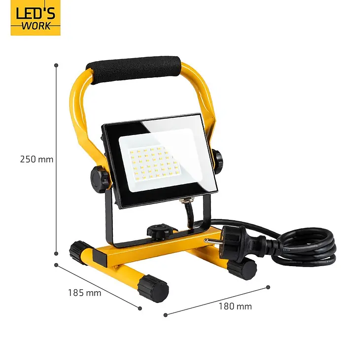 LED's work LED-Arbeitsleuchte - L x B x H: 18 x 18 x 24 cm, 2.700 lm, Lichtfarbe: Neutralweiß, Netzbetrieben, IP65 - Gelber tragbarer LED-Arbeitsscheinwerfer mit schwarzem Griff und Ständer, mit Netzkabel. Maße: 250x185x180mm.