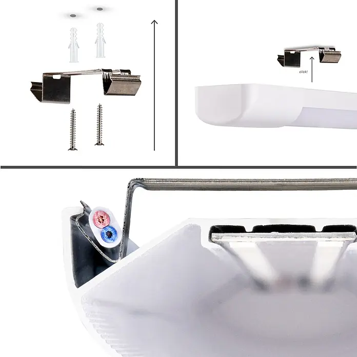 LED's work LED-Feuchtraumlichtleiste Sensor - Länge: 120 cm, 36 W, IP40 - Installationsset für weiße lineare LED-Leuchte: Klammern, Schrauben, Dübel und Einrasten der Leuchte.