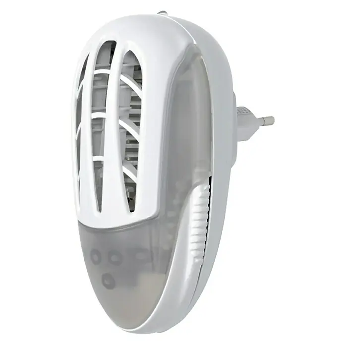 Coati Matainsectos eléctrico enchufable mini - Blanco, 230 V - La imagen muestra un mata insectos blanco con luz UV que se enchufa en la toma de corriente para atraer y matar mosquitos y otros insectos.