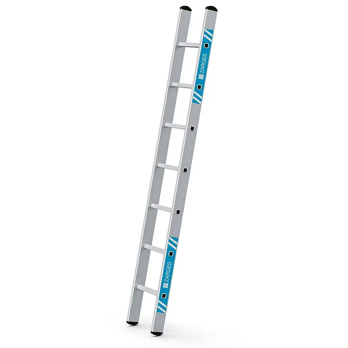 Zarges Anlegeleiter Anlegeleiter Alto L 7 Sprossen - Anzahl Tritte: 7 Stk., Arbeitshöhe: 3.050 m, Aluminium - Silberfarbene Aluminium-Anlegeleiter mit schwarzen Fußkappen und blauer Beschriftung.