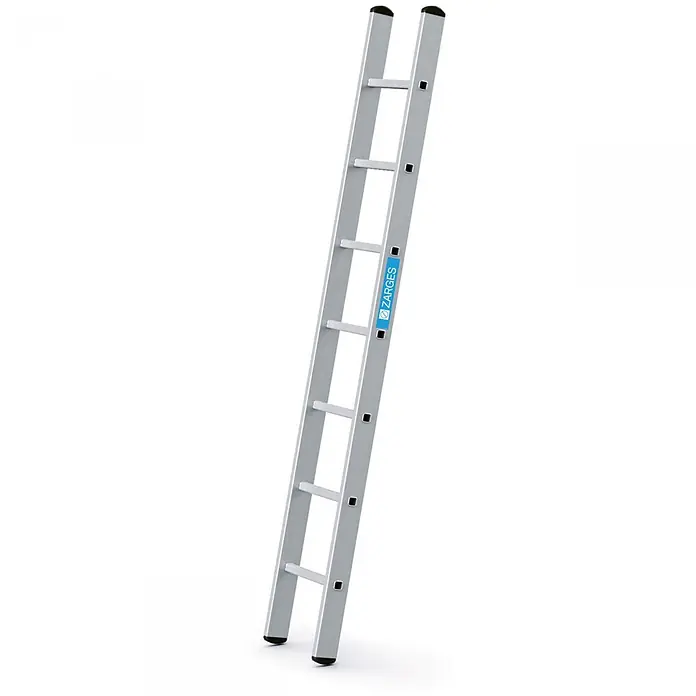 Zarges Anlegeleiter Anlegeleiter Alto L 7 Sprossen - Anzahl Tritte: 7 Stk., Arbeitshöhe: 3.050 m, Aluminium - Silberne Aluminiumleiter mit schwarzen Rutschstoppern und blauer ZARGES-Beschriftung.