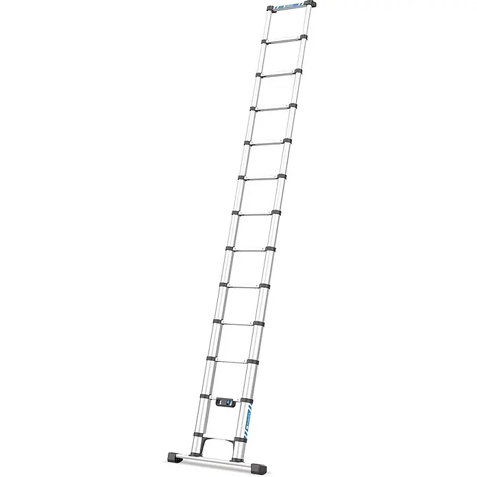 Zarges Anlegeleiter Compactstep L Teleskop- Sprossen- Anlegeleiter 13 Sprossen - Anzahl Tritte: 13 Stk., Arbeitshöhe: 4.500 m, Aluminium - Silberne Aluminium-Teleskopleiter mit schwarzen Sprossen und Stabilisator, vollständig ausgefahren.