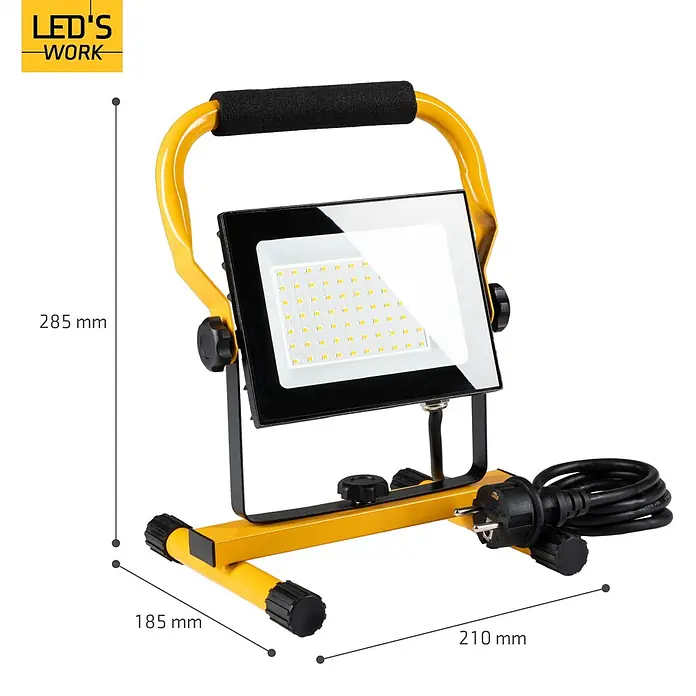 LED's work LED-Arbeitsleuchte - L x B x H: 18 x 21 x 28 cm, 4.200 lm, Lichtfarbe: Neutralweiß, Netzbetrieben, IP65 - Gelbe LED-Arbeitsleuchte mit schwarzem Griff und Standfuß, Maße: H 285mm, B 185mm, T 210mm.