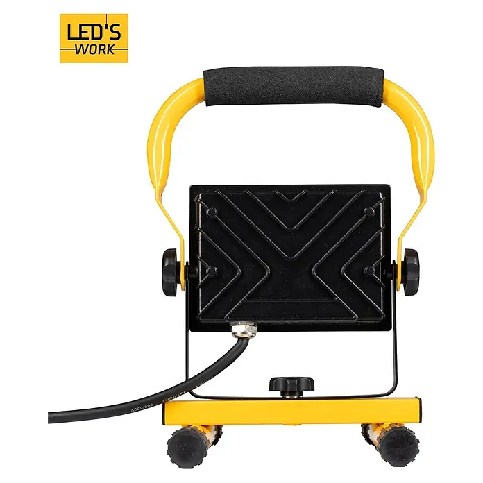 LED's work LED-Arbeitsleuchte - L x B x H: 18 x 18 x 24 cm, 2.700 lm, Lichtfarbe: Neutralweiß, Netzbetrieben, IP65 - Gelbe und schwarze tragbare LED-Arbeitsleuchte mit Ständer und schaumstoffgepolstertem Griff.