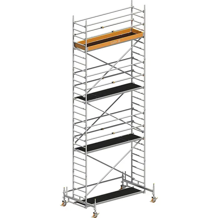 Layher Rollgerüst Rollgerüst Uni Standard P2 mit Uni Telegeländer 8,35m AH - Arbeitshöhe: 8.350 m - Silbernes Fahrgerüst mit schwarzen Arbeitsplattformen und einer orangefarbenen Ablage oben, ausgestattet mit Lenkrollen.