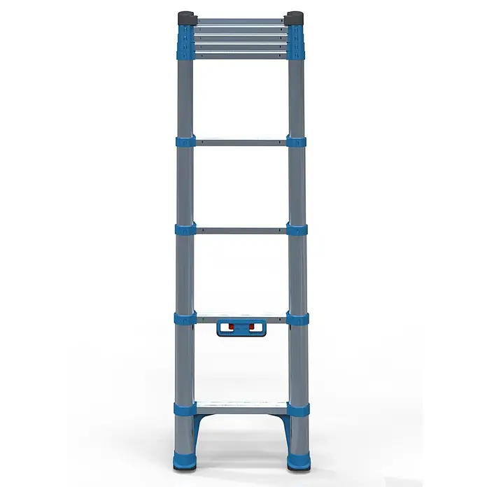 Zarges Anlegeleiter Compactstep L Teleskop- Sprossen- Anlegeleiter 9 Sprossen - Anzahl Tritte: 9 Stk., Arbeitshöhe: 3.400 m, Aluminium - Graue und blaue Teleskopleiter mit schwarzen Kappen.