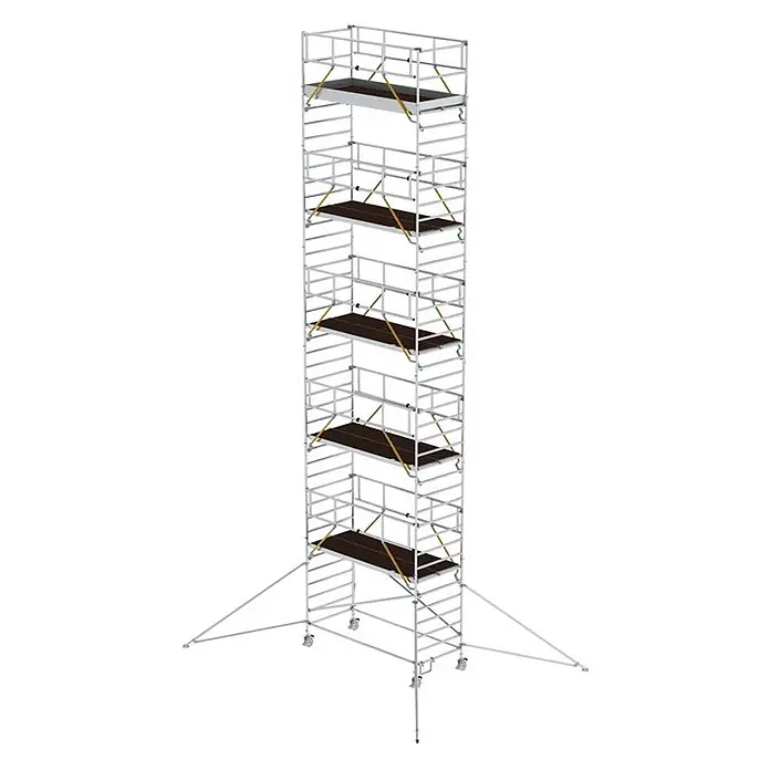 Munk Rollgerüst Rollgerüst SG mit Doppelplattform 1,35x3,00m und Ausleger 13,47m AH - Arbeitshöhe: 13.470 m - Hohes, silberfarbenes Fahrgerüst mit mehreren dunklen Podesten, gelben Streben, Rollen und Auslegern.