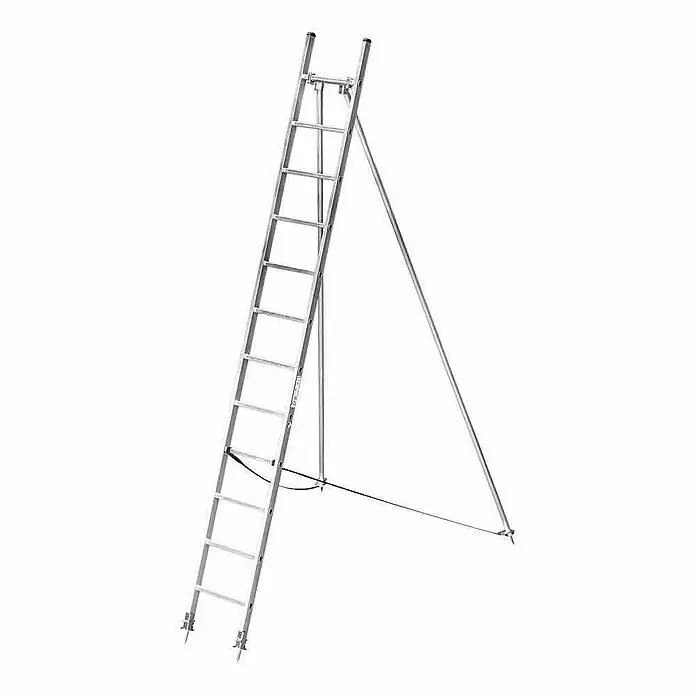 Munk Anlegeleiter Obstbaumleiter mit Stützen nach TRBS 2121-2 14 Sprossen - Anzahl Tritte: 14 Stk., Arbeitshöhe: 5.300 m, Belastbarkeit: 150 kg, Aluminium - Silberne Aluminium-Stehleiter mit verstellbarem Stützbein und Sicherungsband.