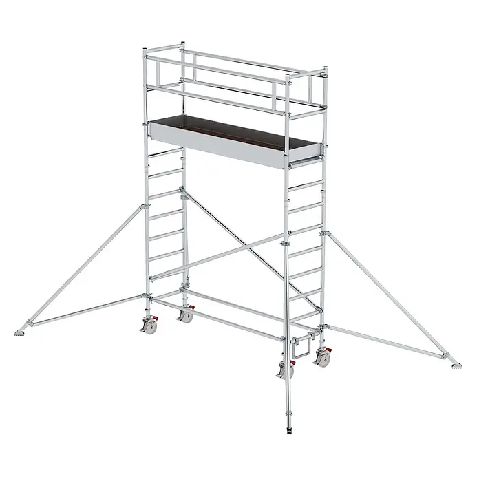 Munk Rollgerüst Aluminium-Rollgerüst mit Ausleger 2,45x0,75m Plattform 5,07m AH - Arbeitshöhe: 5.000 m - Silberfarbenes Aluminium-Rollgerüst mit Holzplattform, vier Rollen und ausziehbaren Auslegern.