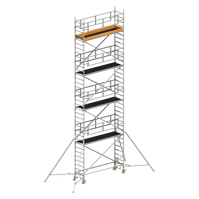 Layher Rollgerüst Rollgerüst Uni Standard P2 Safety Plus mit Doppelgeländer und Gerüststü - Arbeitshöhe: 10.200 m - Hoher, mobiler Aluminium-Gerüstturm mit mehreren schwarzen Plattformen und orangefarbenen Sicherheitsmerkmalen.