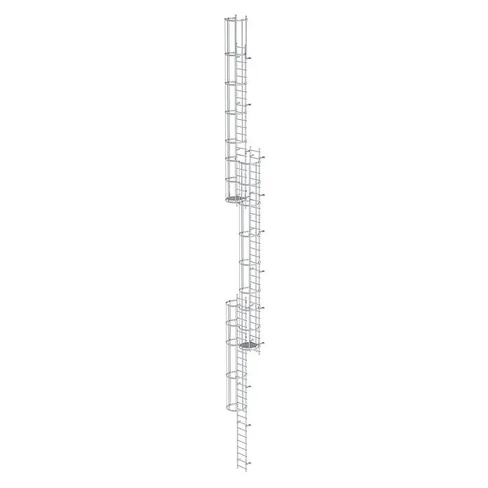 Munk Anlegeleiter ortsfeste Steigleitern Aluminium, 17,64m SH PG2 - Aluminium - Modulares, silbernes Käfigleitersystem aus Metall mit Zwischenplattformen für den industriellen Zugang.