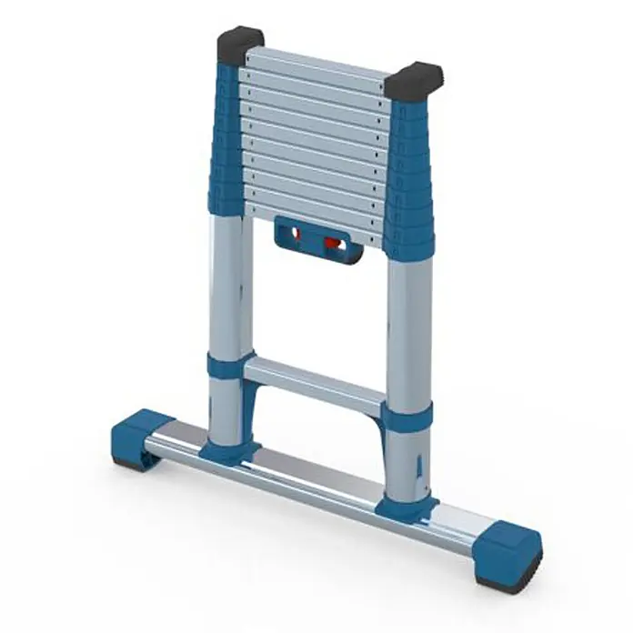 Zarges Anlegeleiter Compactstep L Teleskop- Sprossen- Anlegeleiter 11 Sprossen - Anzahl Tritte: 11 Stk., Arbeitshöhe: 4.000 m, Aluminium - Kompakte silberne Aluminium-Teleskopleiter mit blauen Akzenten und schwarzen Anti-Rutsch-Füßen.