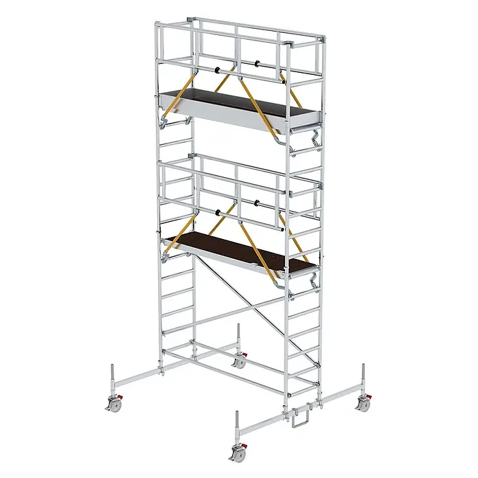 Munk Rollgerüst Rollgerüst SG 0,75x2,45m Plattform 6,66m AH - Arbeitshöhe: 6.660 m - Mobiles Aluminium-Rollgerüst mit zwei dunkelbraunen Plattformen und verstellbaren Auslegern mit Lenkrollen für sicheres Arbeiten in der Höhe.
