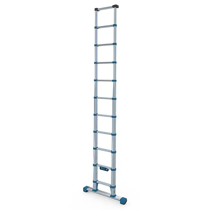 Zarges Anlegeleiter Compactstep L Teleskop- Sprossen- Anlegeleiter 11 Sprossen - Anzahl Tritte: 11 Stk., Arbeitshöhe: 4.000 m, Aluminium - Voll ausgezogene silberne Teleskopleiter mit blauen Sicherheitsverschlüssen und schwarzen Endkappen.