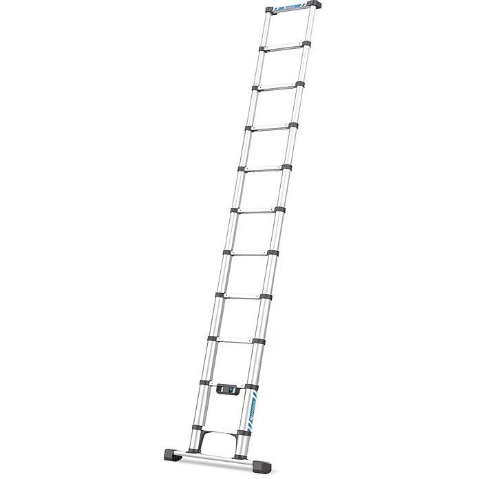 Zarges Anlegeleiter Compactstep L Teleskop- Sprossen- Anlegeleiter 11 Sprossen - Anzahl Tritte: 11 Stk., Arbeitshöhe: 4.000 m, Aluminium - Ausziehbare Teleskopleiter aus silbernem Aluminium mit schwarzen Sprossen und stabilisierender Basis.