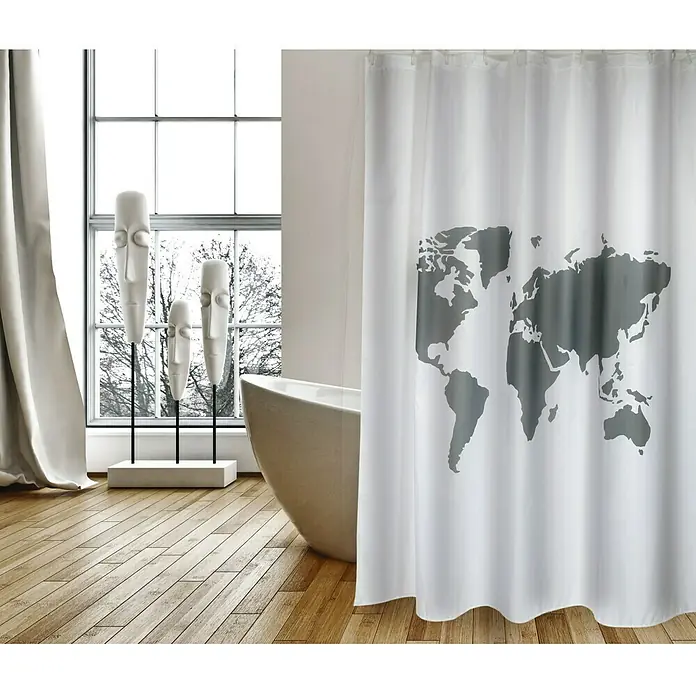 Venus Cortina de baño World - An x Al: 180 x 200 cm, Plástico, Blanco - Interior de baño con bañera, esculturas y cortina de ducha blanca decorada con un mapa mundial gris.