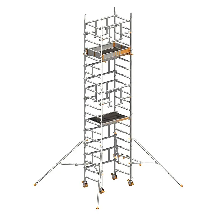 Layher Rollgerüst Rollgerüst Solotower mit dem Sicherheitsaufbau P2 Safety Plus 6,15m AH - Arbeitshöhe: 6.150 m - Hohes, silberfarbenes Rollgerüst mit orangefarbenen Plattformen, Rollen und verstellbaren Auslegern für Stabilität. Ideal für sicheres Arbeiten in der Höhe.