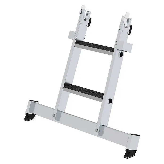 Munk Anlegeleiter Stufen-Glasreinigerleiter mit nivello-Traverse clip-step R13, 2-stufiges Un - Anzahl Tritte: 2 Stk., Aluminium - Silberne Aluminium-Zweistufenleiter mit schwarzen Anti-Rutsch-Trittflächen und beweglichen Füßen.
