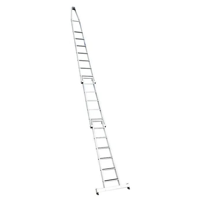 Munk Anlegeleiter Stufen-Glasreinigerleiter mit nivello-Traverse, 4-stufiges Oberteil - Anzahl Tritte: 4 Stk., Aluminium - Silberne Aluminium-Ausziehleiter mit mehreren Abschnitten, breitem Standfuß und oberen Rollen.