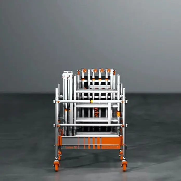 Layher Rollgerüst Rollgerüst SoloTower 5,15m Arbeitshöhe - Arbeitshöhe: 5.150 m - Faltbares Rollgerüst aus silbernem Metall mit orangefarbenen Details und Rädern, bereit für Transport oder Lagerung.