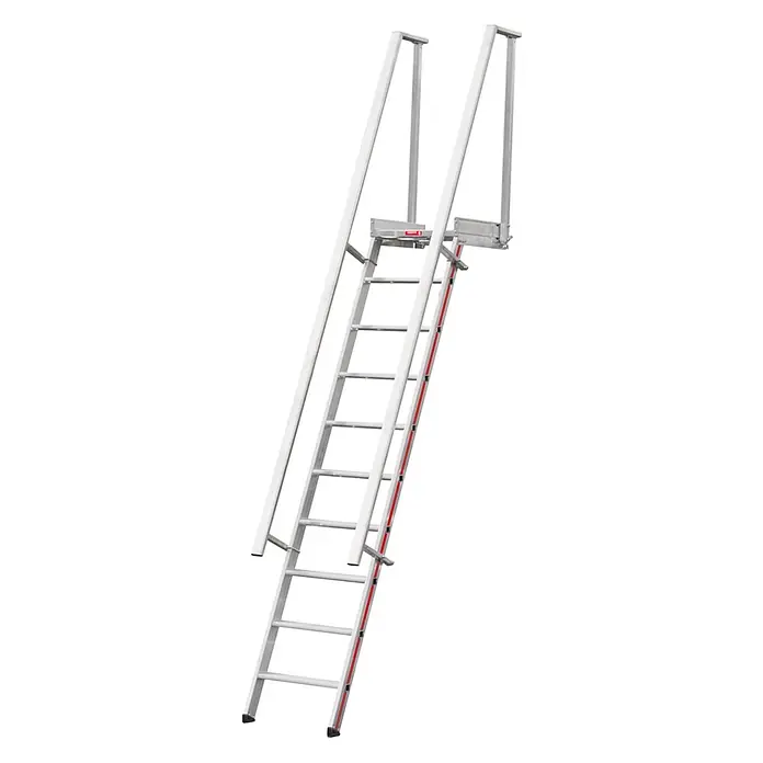 Hymer Anlegeleiter Stufenaufstieg mit Plattform 5 Stufen - Anzahl Tritte: 5 Stk., Arbeitshöhe: 3.150 m, Aluminium - Silberne Aluminium-Zugangsleiter mit Handläufen und integriertem rotem Sicherheitsseil zum sicheren Aufstieg.