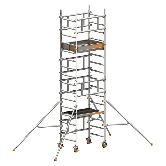 Layher Rollgerüst Rollgerüst SoloTower 5,15m Arbeitshöhe - Arbeitshöhe: 5.150 m - Mobiler Aluminium-Rollgerüstturm mit Plattformen, Auslegern und orangefarbenen Rollen.