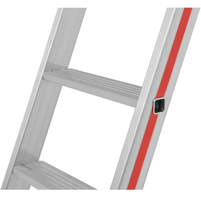 Hymer Anlegeleiter Stufenaufstieg mit Plattform 5 Stufen - Anzahl Tritte: 5 Stk., Arbeitshöhe: 3.150 m, Aluminium - Silberne Aluminiumleiter mit geriffelten Sprossen, rotem Seitenstreifen und sichtbarem schwarzem Mechanismus.