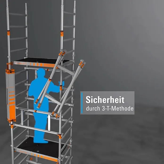 Layher Rollgerüst Rollgerüst SoloTower 5,15m Arbeitshöhe - Arbeitshöhe: 5.150 m - Fahrgerüst aus silbernem Aluminium mit orangefarbenen Akzenten, das die sichere Montage zeigt. Eine blaue Silhouette zeigt die Benutzergröße.