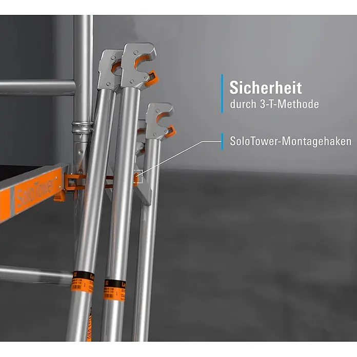 Layher Rollgerüst Rollgerüst SoloTower 5,15m Arbeitshöhe - Arbeitshöhe: 5.150 m - Robuste SoloTower-Montagehaken aus Aluminium mit orangefarbenen Bedienelementen, Teil eines Gerüstsystems.