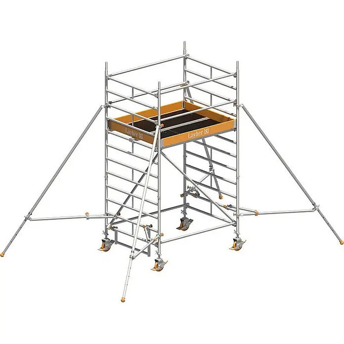 Layher Rollgerüst Rollgerüst Uni Kompakt P2 mit Gerüststützen 4,20m AH - Arbeitshöhe: 4.200 m - Silbernes Rollgerüst mit orangefarbener Arbeitsplattform und Auslegern.