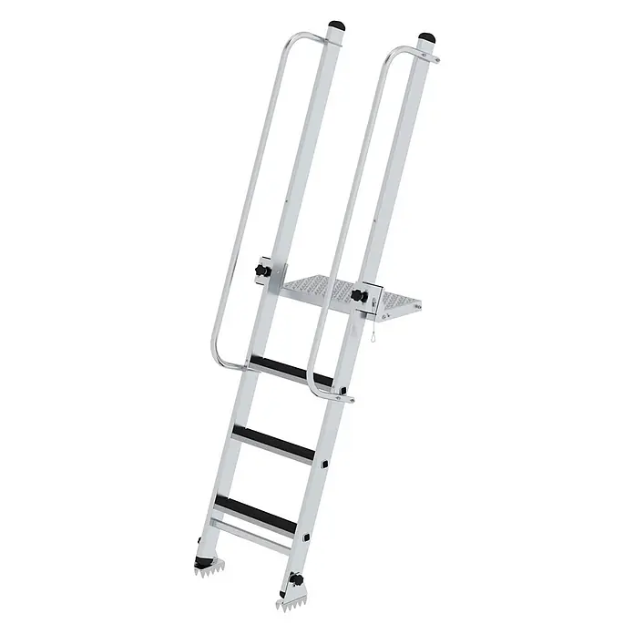 Munk Anlegeleiter Stufen-Baugrubenleiter 2,25m mit 4 Stufen mit Handlauf - Anzahl Tritte: 4 Stk., Arbeitshöhe: 3.050 m, Aluminium - Verstellbare Aluminiumleiter in Silber mit schwarzen Stufen, Handläufen und einer rutschfesten Plattform, mit gezackten Füßen für Stabilität.