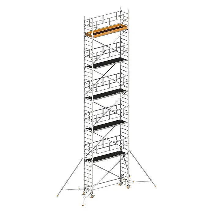 Layher Rollgerüst Rollgerüst Uni Standard P2 Safety Plus mit Doppelgeländer und Gerüststü - Arbeitshöhe: 12.200 m - Hohes Aluminium-Rollgerüst mit schwarzen Plattformen, orangefarbenen Akzenten, Rollen und Auslegern für Stabilität.