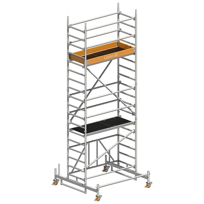 Layher Rollgerüst Rollgerüst Zifa Sicherheitsaufbau P2 5,76m AH - Arbeitshöhe: 5.760 m - Mobiles Aluminium-Fahrgerüst mit schwarzen Plattformen und orangefarbener Sicherheitswanne, mit Rollen zum einfachen Verschieben.