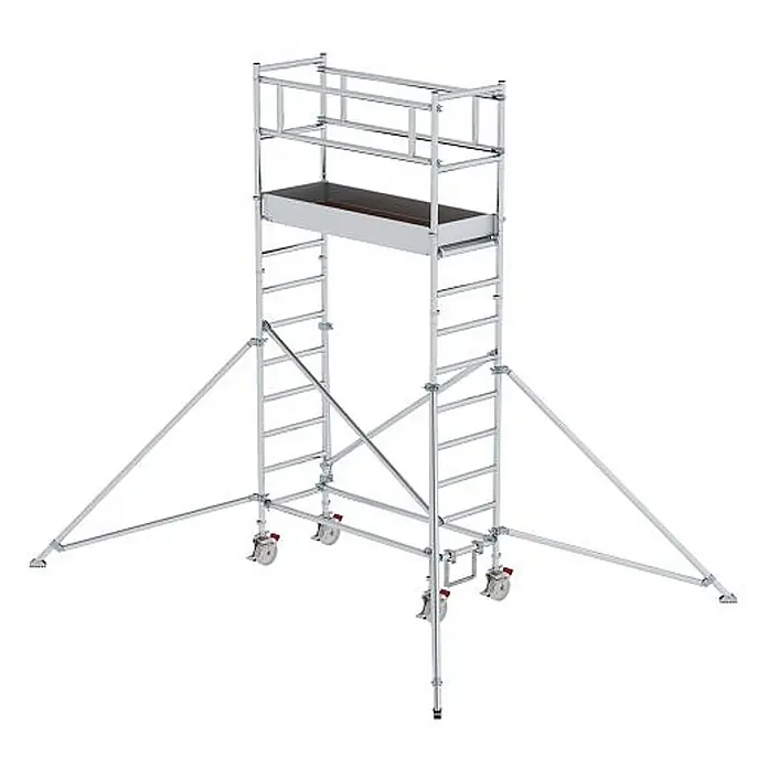 Munk Rollgerüst Aluminium-Rollgerüst mit Ausleger 1,80x0,75m Plattform 5,07m AH - Arbeitshöhe: 5.000 m - Silbernes Aluminium-Rollgerüst mit dunkler Arbeitsplattform, Rädern und Stabilisierungsstützen.