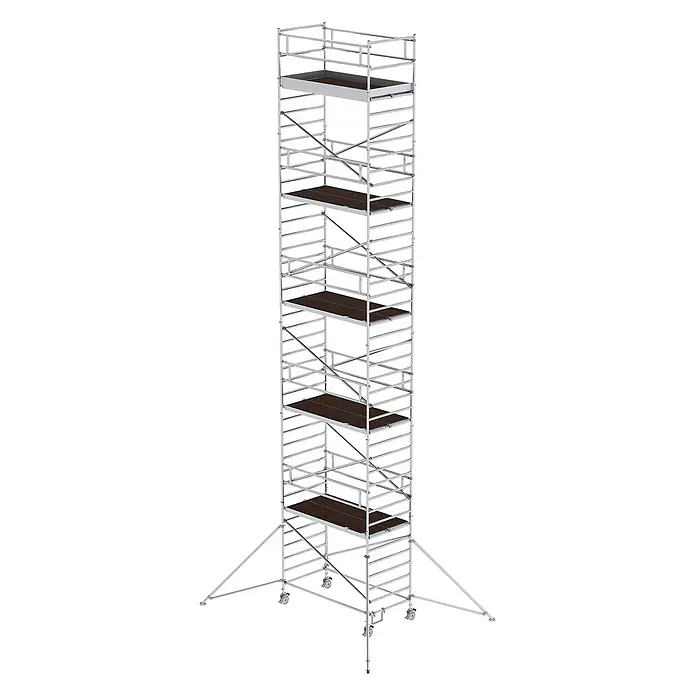 Munk Rollgerüst Rollgerüst mit Doppelplattform 2,45x1,80m Plattform 13,35m AH - Arbeitshöhe: 13.350 m - Mehrstufiges Fahrgerüst mit silbernem Rahmen, dunklen Plattformen, Rädern und Stützstreben.