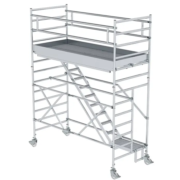 Munk Plattformgerüst Mobiles Enteisungsgerüst 70500 -  - Silberfarbenes Aluminium-Rollgerüst mit Arbeitsplattform, innenliegender Leiter und Lenkrollen.