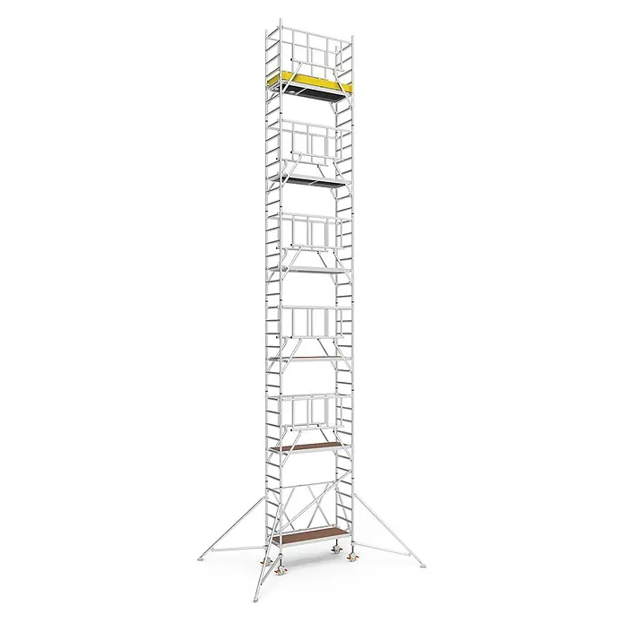 Iller Leiter Rollgerüst Klappgerüste mit Sicherheitsaufbau 1,35x1,80m | 12,40 m AH - Arbeitshöhe: 12.400 m - Hohes, silbernes Aluminium-Rollgerüst mit mehreren Arbeitsplattformen, Rollen und Auslegern.