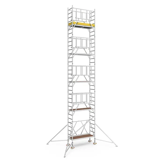 Iller Leiter Rollgerüst Klappgerüste mit Sicherheitsaufbau 1,35x1,80m | 10,45 m AH - Arbeitshöhe: 10.450 m - Hoher, mobiler Gerüstturm aus silbernem Aluminium mit mehreren Plattformen, inklusive einer gelben Plattform, und Auslegern.
