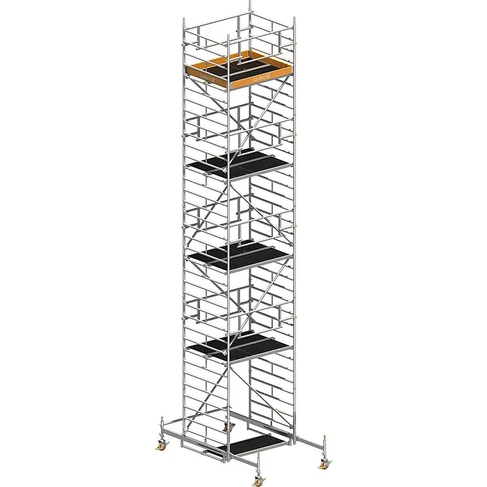 Layher Rollgerüst Rollgerüst Uni Kompakt P2 Safety Plus mit Doppelgeländer 10,38m AH - Arbeitshöhe: 10.200 m - Hoher, mehrstufiger Aluminium-Rollgerüstturm mit schwarzen Plattformen und orangefarbenen Akzenten, ausgestattet mit Rollen.