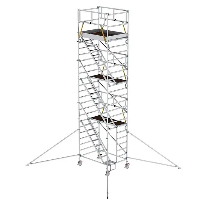 Munk Rollgerüst Rollgerüst SG mit Schrägaufstiegen 1,35x1,80m und Ausleger 8,43m AH - Arbeitshöhe: 8.430 m - Hohes, mobiles Aluminium-Rollgerüst mit Treppen, Plattformen, Geländern, Auslegern und Rädern für sicheren Höhenzugang.