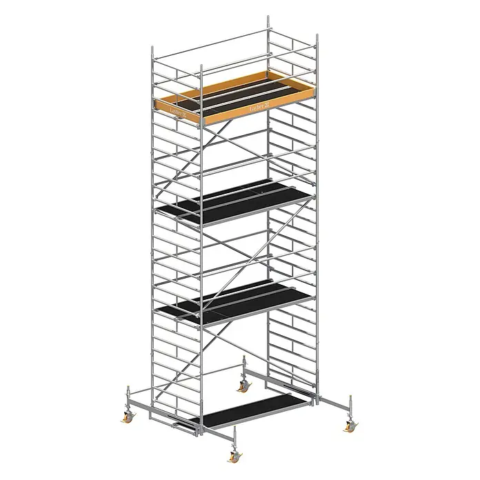 Layher Rollgerüst Rollgerüst Uni Breit P2 8,38m AH - Arbeitshöhe: 8.380 m - Hohes, mobiles Gerüst mit silbernem Metallrahmen, schwarzen Arbeitsbühnen und orangefarbenen Geländern. Mit verstellbaren Auslegern und Rollen für Mobilität.