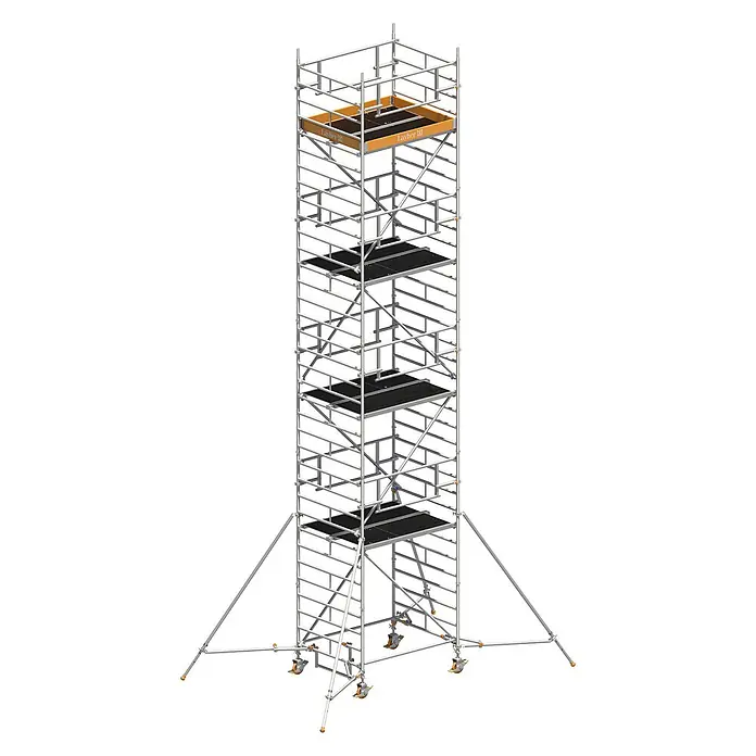 Layher Rollgerüst Rollgerüst Uni Kompakt P2 Safety Plus mit Doppelgeländer und ausziehbaren - Arbeitshöhe: 10.200 m - Hoher, silberner, mobiler Gerüstturm mit schwarzen Arbeitsplattformen und orangefarbenen Akzenten, inklusive Stabilisatoren und Rollen.